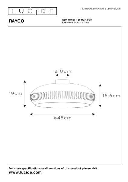 Lucide RAYCO - Deckenleuchte - Ø 45 cm - 1xE27 - Schwarz - TECHNISCH